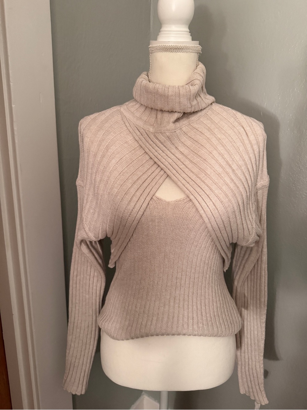 Beige Ribbed Turtleneck Layered Sweater